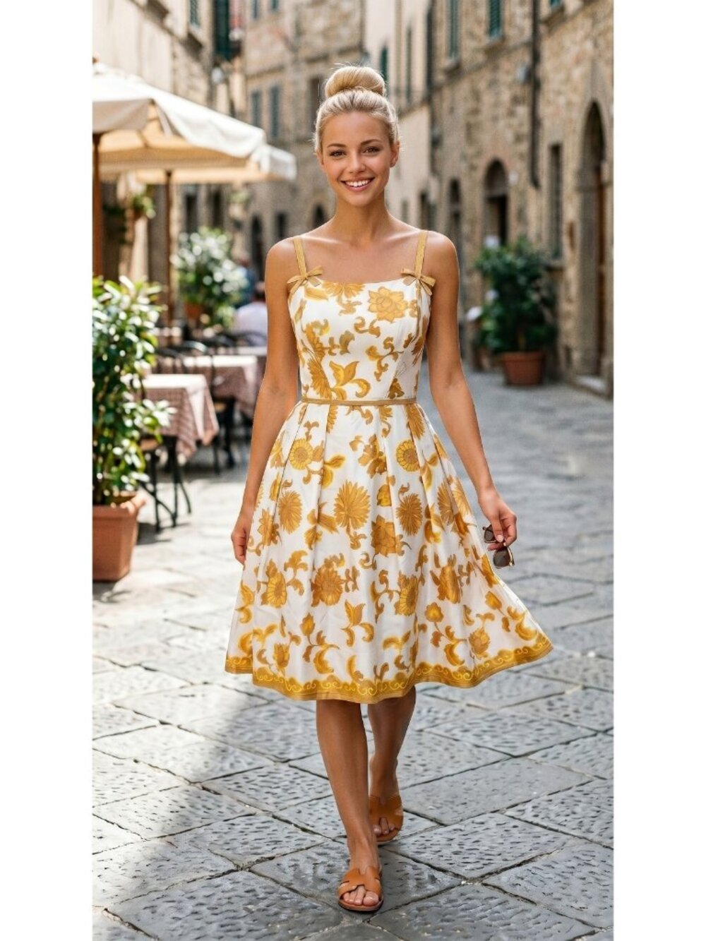 50s Vera Mont Paris Cocktail Dress Sz 8 White Mustard Yellow Pleated Mod Mad Men